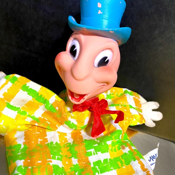 WALT DISNEY VTG 60s PINOCCHIO JIMINY CRICKET HAND PUPPET RUBBER HEAD & SQUEEKER - Picture 2 of 14